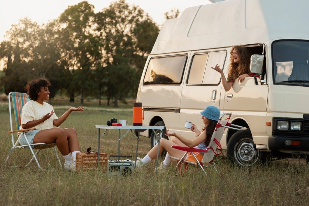 Three women relax in a grassy field beside a colorful camper van under a clear blue sky